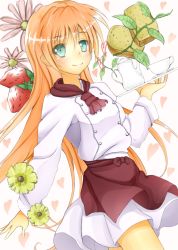 Rule 34 | 10s, 1girl, apron, aqua eyes, bad id, bad pixiv id, blush, bread, chef, cup, flat chest, flower, food, fruit, golden time, heart, leaf, long hair, looking at viewer, matsurika (j297021302), oka chinami, orange hair, pot, saucer, scarf, smile, solo, strawberry, tray