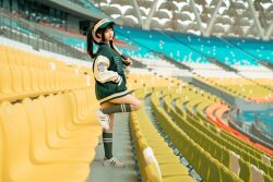Rule 34 | 1girl, arena, asian, baseball bat, black hair, bottomless, chair, chinese (nationality), chunmomo0127, closed mouth, green baseball cap, green jacket, green socks, hand in pocket, hat, holding, holding baseball bat, jacket, no panties, oversized clothes, oversized jacket, photo (medium), real life, shoes, smile, sneakers, socks, standing, standing on one leg, twintails, white footwear, yellow chair