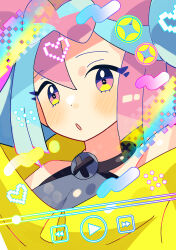 Rule 34 | 1girl, :o, anidler91, bare shoulders, blue hair, blush, bow-shaped hair, creatures (company), eyelashes, fast forward button, game freak, heart, highres, iono (pokemon), jacket, looking at viewer, media player interface, multicolored hair, nintendo, open mouth, pink eyes, pink hair, play button, pokemon, pokemon sv, rewind button, solo, two-tone hair, upper body, yellow jacket
