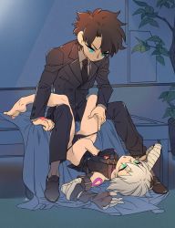 Rule 34 | 1boy, 1girl, bandaged arm, bandages, bare legs, bare shoulders, barefoot, black hair, black panties, blue eyes, breasts, business suit, coat, command spell, fate/apocrypha, fate/grand order, fate (series), fingerless gloves, formal, fujimaru ritsuka (male), fujimaru ritsuka (male) (royal brand), gloves, green eyes, grey hair, highres, hikizan, jack the ripper (fate/apocrypha), midriff, navel, necktie, open mouth, panties, scar, shoes, short hair, sitting, suit, thighhighs, underwear, white hair