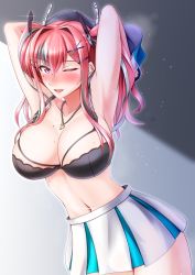 Rule 34 | 1girl, ;d, armpits, arms up, azur lane, bare shoulders, black bra, blush, bra, breasts, bremerton (azur lane), bremerton (scorching-hot training) (azur lane), cleavage, collarbone, commentary request, cowboy shot, crossed bangs, ear piercing, glint, gradient background, green skirt, grey background, grey hair, hair between eyes, hair intakes, hair ornament, hairclip, heart, heart necklace, highres, jewelry, large breasts, long hair, looking at viewer, midriff, misono chiaki, mole, mole on breast, mole under eye, multicolored hair, navel, navel piercing, necklace, nose blush, one eye closed, open mouth, piercing, pink eyes, pink hair, shirt, unworn shirt, sidelocks, signature, skirt, sleeveless, sleeveless shirt, smile, solo, sportswear, standing, steam, streaked hair, sweat, tennis uniform, tongue, twintails, two-tone hair, two-tone shirt, two-tone skirt, underwear, undressing, white shirt, white skirt, x hair ornament