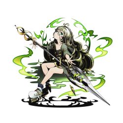 Rule 34 | 10s, 1girl, ahoge, breasts, cleavage, collarbone, comic, divine gate, dress, floating hair, full body, green dress, green eyes, hair between eyes, high heels, hodur (divine gate), long hair, looking at viewer, official art, polearm, small breasts, solo, spear, transparent background, ucmm, very long hair, weapon