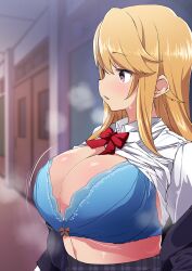 Rule 34 | 1girl, aged up, alternate breast size, black eyes, blazer, blue bra, blush, bra, breasts, cleavage, clothes lift, collared shirt, commentary request, hallway, highres, huge breasts, idolmaster, idolmaster cinderella girls, jacket, long hair, long sleeves, midriff peek, motion lines, open clothes, open jacket, open mouth, orange hair, red ribbon, ribbon, school uniform, shift (waage), shirt, shirt lift, sidelocks, skirt, solo, standing, steam, steaming body, sweat, underwear, white shirt, yuuki haru