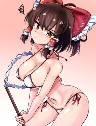 Rule 34 | 1girl, anger vein, angry, bare shoulders, bikini, blush, bow, breasts, brown eyes, brown hair, closed mouth, collarbone, cowboy shot, frilled bow, frilled hair tubes, frills, from side, gohei, gradient background, groin, hair between eyes, hair bow, hair tubes, hakurei reimu, head tilt, holding, holding gohei, large breasts, leaning forward, looking at viewer, looking to the side, medium hair, navel, norori, own hands together, pink background, pout, red bow, simple background, skinny, solo, string bikini, swimsuit, touhou, v-shaped eyebrows