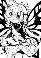 Rule 34 | 1girl, antennae, blush, butterfly wings, dress, eternity larva, fairy, greyscale, hair between eyes, insect wings, leaf, leaf on head, monochrome, multicolored clothes, multicolored dress, one-hour drawing challenge, open mouth, ryuu (multitask), short hair, simple background, single strap, smile, solo, touhou, white background, wings