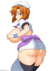 Rule 34 | 1girl, abridged-satoko, alternate breast size, ass, ass focus, blush, breasts, convenient arm, convenient censoring, from behind, highres, higurashi no naku koro ni, huge breasts, looking at viewer, ryuuguu rena, solo, thick thighs, thighhighs, thighs, zettai ryouiki