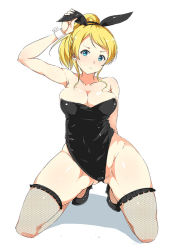 Rule 34 | 10s, 1girl, alp, animal ears, ayase eli, blonde hair, breasts, cleavage, fake animal ears, fishnet thighhighs, fishnets, large breasts, leotard, long hair, love live!, love live! school idol project, playboy bunny, ponytail, rabbit ears, solo, squatting, thighhighs, wrist cuffs