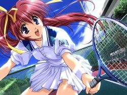 Rule 34 | 00s, 1girl, blue eyes, bow, cloud, comic party, day, dutch angle, game cg, hair ribbon, lens flare, light rays, long hair, mitsumi misato, non-web source, open mouth, perspective, ponytail, purple eyes, racket, red hair, ribbon, side ponytail, sky, smile, solo, sportswear, sunbeam, sunlight, takase mizuki, tennis, tennis court, tennis racket, tennis uniform, yellow bow