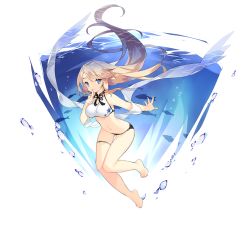 Rule 34 | 1girl, archerfish (warship girls r), barefoot, bikini, blonde hair, blue eyes, breasts, finger to mouth, gluteal fold, long hair, medium breasts, navel, o-ring, o-ring bottom, official art, saru, sidelocks, smile, solo, swimsuit, thighlet, transparent background, underwater, very long hair, warship girls r