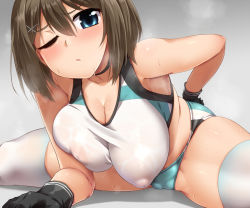 Rule 34 | 1girl, alternate costume, black gloves, blue eyes, blush, breasts, brown hair, cameltoe, cleavage, collarbone, commentary request, covered erect nipples, gloves, hair ornament, hairclip, kantai collection, large breasts, looking at viewer, maya (kancolle), micro shorts, one eye closed, open mouth, puffy nipples, revision, see-through, shorts, simple background, sitting, skindentation, solo, spread legs, steam, sweat, tank top, thighhighs, thighs, wet, white thighhighs, x hair ornament, yoshi tama