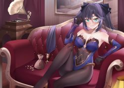 Rule 34 | 1girl, bare shoulders, black gloves, black hair, black pantyhose, blue leotard, blush, breasts, closed mouth, coin, collarbone, couch, covered navel, detached sleeves, feet out of frame, genshin impact, gloves, gold coin, gold trim, green eyes, hair between eyes, hair ornament, hand up, highres, kemile, knee up, leotard, long hair, medium breasts, mona (genshin impact), money, moneybag, no headwear, pantyhose, phonograph, picture frame, pouch, sitting, solo, star (symbol), star hair ornament, twintails, very long hair