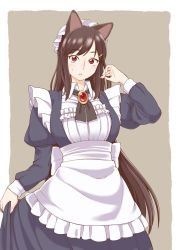 Rule 34 | 1girl, alternate costume, animal ears, apron, beige background, blue dress, blush, breasts, brooch, brown hair, collared shirt, cowboy shot, dress, dress grab, enmaided, frilled apron, frills, hair ornament, hairclip, hand in own hair, hat, imaizumi kagerou, jewelry, large breasts, long hair, long sleeves, looking at viewer, maid, maid cap, mob cap, parted lips, pink lips, poronegi, puffy long sleeves, puffy sleeves, red eyes, ribbon, shirt, sidelocks, simple background, solo, sweatdrop, swept bangs, touhou, very long hair, waist apron, wolf ears