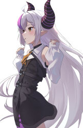 Rule 34 | 1girl, ahoge, ascot, black choker, black dress, blush, choker, commentary, commentary request, demon girl, demon horns, detached sleeves, dress, from side, grey hair, hands up, highres, hololive, horns, la+ darknesss, la+ darknesss (1st costume), long hair, long sleeves, multicolored hair, o-ring, panda 0035, pantyhose, parted lips, pointy ears, puffy long sleeves, puffy sleeves, purple hair, purple pantyhose, sidelocks, simple background, single leg pantyhose, sleeveless, sleeveless dress, sleeves past wrists, solo, streaked hair, striped horns, very long hair, virtual youtuber, yellow ascot, yellow eyes