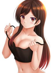 Rule 34 | 1girl, black camisole, blush, breasts, brown eyes, brown hair, camisole, cleavage, closed mouth, collarbone, commentary, crop top, hands up, highres, kanojo okarishimasu, kazenokaze, large breasts, long hair, looking at viewer, medium breasts, mizuhara chizuru, navel, simple background, solo, strap slip, swept bangs, symbol-only commentary, upper body, v-shaped eyebrows, very long hair, white background