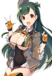 Rule 34 | 1girl, :d, absurdres, bikini, bikini top only, black bikini, breasts, cleavage, covered erect nipples, covered navel, cowboy shot, fingerless gloves, frilled sleeves, frills, g28 (girls&#039; frontline), girls&#039; frontline, gloves, green hair, grey hat, grey jacket, hair ornament, hairclip, hands up, hat, high-waist skirt, highres, jacket, large breasts, long hair, long sleeves, looking at viewer, microskirt, mini hat, mole, mole on breast, neck ribbon, one side up, open clothes, open jacket, open mouth, orange gloves, orange ribbon, orange thighhighs, red eyes, ribbon, skirt, smile, solo, standing, straight hair, swimsuit, tareme, thighhighs, underbust, very long hair, w, wide sleeves, zettai ryouiki, zhi zhi/zu zu