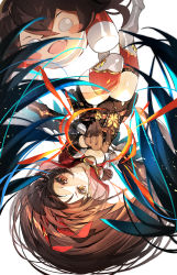 Rule 34 | 2girls, absurdres, aiming, aiming at viewer, amber (genshin impact), baron bunny (genshin impact), blush stickers, boots, bow (weapon), brown eyes, brown hair, crossbow, genshin impact, gloves, goggles, hair ornament, highres, holding, holding weapon, huge filesize, long hair, looking at viewer, multiple girls, mura karuki, open mouth, short shorts, shorts, simple background, thigh boots, thighhighs, upside-down, weapon, white background