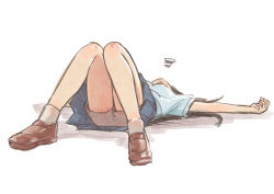 Rule 34 | 1girl, blue skirt, brown footwear, exhausted, kawai makoto, loafers, lying, on back, original, outstretched arms, pleated skirt, shoes, short sleeves, shorts, shorts under skirt, skirt, socks, solo, spread arms, white background, white socks