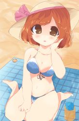 Rule 34 | 1girl, bikini, blush, breasts, brown eyes, brown hair, cleavage, girlfriend (kari), gradient background, hand on own face, hat, highres, looking at viewer, navel, open mouth, sitting, solo, sun hat, swimsuit, tana16, thick thighs, thighs, wariza, yamano kodama