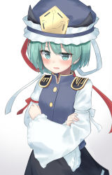 Rule 34 | 1girl, absurdres, black skirt, blue hat, blue vest, blush, bow, buttons, commentary request, cowboy shot, crossed arms, epaulettes, flat chest, frilled hat, frills, green eyes, green hair, hat, highres, long sleeves, looking at viewer, negi 0712, open mouth, red bow, shiki eiki, shirt, short hair, simple background, skirt, sleeve bow, solo, touhou, vest, white background, white bow, white shirt, wide sleeves