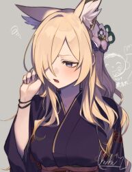 Rule 34 | 1girl, animal ear fluff, animal ears, arm at side, doodle sensei (blue archive), black kimono, blonde hair, blue archive, blush, bracelet, breasts, extra ears, flower, furrowed brow, grey background, hair flower, hair ornament, hair over one eye, hand up, highres, japanese clothes, jewelry, kanna (blue archive), kimono, long hair, looking to the side, medium breasts, obi, open mouth, purple eyes, sash, sensei (blue archive), sharp teeth, signature, simple background, solo, squiggle, teeth, uhuhu, upper body, yukata