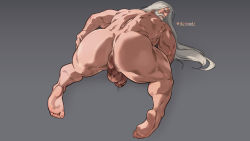 Rule 34 | 1boy, absurdres, anal hair, anus, arm behind head, ass, ass focus, back, bara, beard, completely nude, cum, cum string, dizdoodz, facial hair, feet, flaccid, foreshortening, full body, highres, kneeling, long hair, looking at viewer, magic: the gathering, male focus, male pubic hair, mature male, muscular, muscular male, necklace, nude, old, old man, penis, precum, pubic hair, second-party source, soles, solo, thick thighs, thighs, tooth necklace, ulrich of the krallenhorde, uncensored, white hair, wrinkled skin