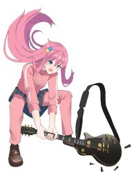 Rule 34 | 1girl, :d, absurdres, black skirt, black socks, blue eyes, bocchi the rock!, breaking, brown footwear, cube hair ornament, electric guitar, floating hair, full body, gar32, gotoh hitori, grey background, guitar, hair between eyes, hair ornament, highres, holding, holding instrument, instrument, jacket, loafers, long hair, long sleeves, one side up, open mouth, pants, pants under skirt, pink hair, pink jacket, pink pants, pleated skirt, shoes, simple background, skirt, smile, socks, solo, standing, track jacket, track pants, track suit, v-shaped eyebrows, very long hair
