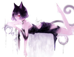 Rule 34 | 1girl, absurdres, animal ears, artist name, bare arms, bare shoulders, barefoot, black choker, black dress, black hair, breasts, cat ears, cat tail, choker, crescent, crescent choker, dress, eyelashes, feet out of frame, from side, hair between eyes, highres, leg up, lying, nail polish, on stomach, original, profile, red eyes, red nails, revision, sheya, short hair, signature, simple background, small breasts, solo, strapless, strapless dress, tail, white background