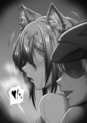 Rule 34 | 1boy, 1girl, absurdres, animal ears, arknights, blush, cat ears, comic, doctor (arknights), faceless, faceless female, faceless male, greyscale, heart, hetero, highres, hood, hood up, implied fingering, licking shoulder, long hair, male doctor (arknights), mixed-sex bathing, monochrome, motion lines, open mouth, saikre, saliva, schwarz (arknights), shared bathing, showering, speech bubble, spoken heart, tongue, tongue out, upper body, water