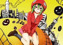 Rule 34 | 1girl, breasts, cleavage, facial mark, green hair, gumi, hood, hoodie, matryoshka (vocaloid), scary v2, shoes, sitting, skirt, socks, solo, v arms, vocaloid, wariza, yellow eyes, zipper