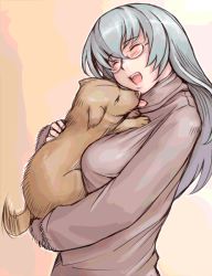 Rule 34 | 00s, 1girl, animal, animated, animated gif, bespectacled, blush, breasts, dog, closed eyes, glasses, happy, holding, large breasts, long hair, aged up, open mouth, rozen maiden, silver hair, solo, suigintou, sweater, tail, tail wagging, tongue, tsuda nanafushi