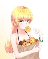 Rule 34 | 1girl, 210240 (pixiv), bad id, bad pixiv id, blonde hair, bracelet, collarbone, doughnut, floating hair, food, highres, jewelry, long hair, looking at viewer, monogatari (series), mouth hold, oshino shinobu, revision, simple background, sleeveless, solo, transparent, upper body, very long hair, white background, yellow eyes
