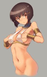 Rule 34 | 1girl, :o, arm garter, armlet, armpits, assal (sennen sensou aigis), bare shoulders, bikini, bikini top only, black hair, blush, bob cut, bottomless, breasts, brown eyes, brown hair, covering privates, covering nipples, cowboy shot, cropped legs, dark-skinned female, dark skin, from side, grey background, groin, hair ornament, hairclip, jewelry, lots of jewelry, nakadori (movgnsk), navel, neck ring, open mouth, ribs, sennen sensou aigis, short hair, sideboob, simple background, solo, strap gap, swimsuit, vambraces, yellow eyes