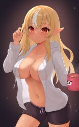 Rule 34 | 1girl, :o, black shorts, blonde hair, blush, breasts, cowboy shot, cup, dark-skinned female, dark skin, elf, hair down, highres, holding, holding cup, hololive, hood, hoodie, large breasts, long hair, looking at viewer, mug, multicolored hair, navel, no bra, open clothes, open hoodie, pointy ears, red eyes, shiranui flare, short shorts, shorts, solo, streaked hair, telomere, virtual youtuber, white hair, white hoodie