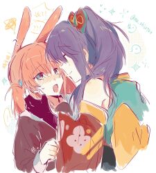 Rule 34 | !, !?, animal ears, aqua eyes, black gloves, blush, bow, brown dress, cerise bouquet, chinese text, closed mouth, commentary, crossed bangs, detached sleeves, dress, ear blush, elbow gloves, face-to-face, fingerless gloves, flustered, gloves, green kimono, hair bow, hair ornament, hasu no sora school uniform, heart, high ponytail, highres, hinoshita kaho, japanese clothes, kemonomimi mode, kimono, link! like! love live!, long hair, long sleeves, love live!, medium hair, nose blush, open mouth, orange hair, otomune kozue, purple hair, rabbit ears, rabbit girl, rabbit hair ornament, red bow, sailor collar, sailor dress, school uniform, setsubun -mi- (love live!), sidelocks, sleeveless, sleeveless kimono, smile, sparkle, spoken exclamation mark, spoken heart, squiggle, sweatdrop, symbol-only commentary, translation request, twitter username, two side up, virtual youtuber, white background, white sailor collar, winter uniform, woodonly, yuri