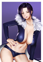 Rule 34 | 10s, 1girl, black hair, blue background, border, breasts, brown eyes, easonx, fur trim, groin, hand on own hip, heart, highres, impossible clothes, large breasts, lips, lipstick, long hair, looking at viewer, makeup, merlin (nanatsu no taizai), nail polish, nanatsu no taizai, navel, no bra, outside border, revealing clothes, short shorts, shorts, simple background, solo, white border