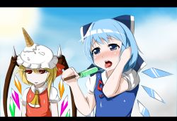 Rule 34 | 2girls, bad id, bad pixiv id, blonde hair, blue eyes, blue hair, blush, bow, cirno, expressionless, flandre scarlet, food, hair bow, hat, ice cream, letterboxed, multiple girls, necktie, object on head, oriennto, popsicle, red eyes, saliva, sexually suggestive, short hair, embodiment of scarlet devil, touhou, wings