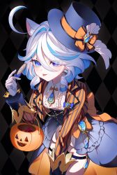 1girl absurdres animal_ears argyle_background blue_eyes blue_gemstone blue_hat candy cat_ears cowboy_shot cowlick drop-shaped_pupils food furina_(genshin_impact) gem genshin_impact halloween hat highres holding holding_candy holding_food jacket orange_jacket shirt shorts sikaku solo striped_clothes striped_jacket symbol-shaped_pupils tongue tongue_out top_hat vertical-striped_clothes vertical-striped_jacket vision_(genshin_impact) white_shirt white_shorts