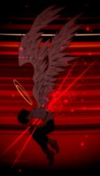 Rule 34 | 1boy, angel, angel wings, black background, double halo, feathered wings, grey hair, halo, highres, looking down, male focus, multicolored background, nagisa kaworu, neon genesis evangelion, official style, pants, parody, red background, shirt, short hair, short sleeves, solo, spiked hair, style parody, tousok, white background, white shirt, wings