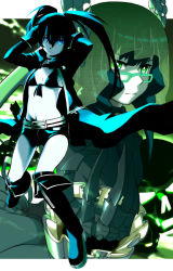 Rule 34 | 10s, 2girls, bikini, bikini top only, black footwear, black hair, black rock shooter, black rock shooter (character), blue eyes, boots, claws, coat, dead master, glasses, green eyes, highres, knee boots, long hair, looking at viewer, m-da s-tarou, midriff, multiple girls, navel, short shorts, shorts, skull, smile, swimsuit, twintails, veil