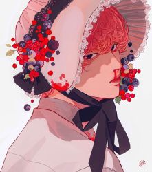 Rule 34 | 1boy, berry, black eyes, black ribbon, blackberry (fruit), blood, blueberry, bonnet, closed mouth, collared shirt, crossdressing, currant, food, frilled hat, frills, from behind, fruit, fruit hat ornament, hat, hat ribbon, highres, kagoya1219, lace, lace-trimmed headwear, lace trim, leaf, looking at viewer, looking back, male focus, nosebleed, original, pink hat, pink shirt, portrait, raspberry, red hair, ribbon, shadow, shirt, short hair, signature, simple background, solo, white background