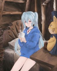 Rule 34 | bed, blue hair, bottomless, cup, doll joints, granblue fantasy, hair between eyes, hat, highres, hood, hoodie, jewelry, joints, necklace, orchis, pillow, red eyes, smile, solo, stuffed animal, stuffed toy, thighs, yamada1008b