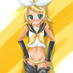 Rule 34 | 1girl, arm warmers, blonde hair, blue eyes, blush, bow, convenient censoring, facing viewer, female focus, full-face blush, gluteal fold, gold trim, grin, hair bow, hair ornament, hairclip, headphones, headset, ichigo-ya, kagamine rin, looking at viewer, lowres, navel, nose blush, out of frame, panties, sailor collar, school uniform, serafuku, short hair, short shorts, shorts, smile, smug, solo, striped clothes, striped panties, tan, treble clef, underwear, undressing, vocaloid, white bow, white serafuku