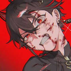 Rule 34 | 1boy, black hair, blood, blood on clothes, blood on face, changyu (punishing: gray raven), crossed bangs, earrings, grin, hair between eyes, horns, jewelry, male focus, multicolored hair, open mouth, pagarblue, punishing: gray raven, red background, red eyes, red hair, single horn, smile, solo, streaked hair