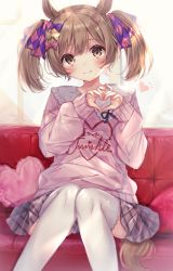 Rule 34 | 1girl, absurdres, animal ears, blush, bow, brown hair, commentary request, couch, feet out of frame, grey skirt, hair bow, hair ribbon, heart, heart hands, highres, horse ears, horse girl, horse tail, long hair, long sleeves, looking at viewer, miniskirt, nail polish, on couch, pink bow, pink nails, pink sweater, purple bow, ribbon, sitting, skirt, smart falcon (umamusume), solo, sorashima (117), sweater, tail, thighhighs, twintails, umamusume, white bow, white thighhighs