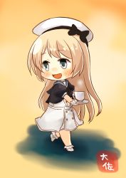 Rule 34 | 1girl, :d, artist name, blonde hair, blue eyes, blue sailor collar, commentary request, cup, dress, gloves, hat, highres, holding, jervis (kancolle), kantai collection, long hair, open mouth, sailor collar, sailor dress, short sleeves, smile, solo, taisa (kari), teacup, white gloves, white hat