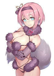 Rule 34 | 1girl, animal ears, bare shoulders, blue eyes, blush, bow, breast hold, breasts, cleavage, closed mouth, collarbone, commentary request, cosplay, elbow gloves, embarrassed, fur trim, gloves, hair ornament, hair over one eye, hairband, halloween costume, highres, large breasts, looking at viewer, mash kyrielight, mash kyrielight (dangerous beast), mash kyrielight (dangerous beast) (cosplay), navel, o-ring, official alternate costume, pink hair, princess connect!, purple eyes, purple gloves, purple thighhighs, revealing clothes, ribbon, short hair, simple background, solo, tail, thighhighs, wavy mouth, white background, wolf ears, wolf tail, you yi yisheng ai, yui (princess connect!)