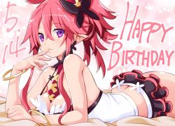 Rule 34 | 1girl, ass, between breasts, blouse, breasts, butt crack, dated, disgaea, happy birthday, iwashi dorobou -r-, looking at viewer, lying, makai senki disgaea 5, medium breasts, necktie, on stomach, pink background, pink hair, pointy ears, ponytail, purple eyes, red necktie, seraphina (disgaea), shirt, short hair, skirt, smile, solo, white shirt