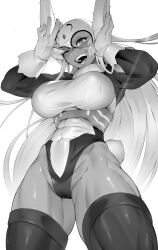 Rule 34 | 1girl, :d, absurdres, adjusting mask, animal ears, arms up, blush, boku no hero academia, breasts, covered abs, covered navel, crescent print, from below, fur collar, gloves, greyscale, highleg, highleg leotard, highres, koyap, large breasts, leotard, long eyelashes, long hair, long sleeves, looking at viewer, mask, mirko, monochrome, open mouth, rabbit ears, rabbit girl, rabbit tail, smile, solo, tail, taut leotard, teeth, thick thighs, thighhighs, thighs, toned, underbust, uneven eyes, very long hair