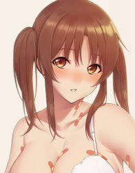 Rule 34 | 1girl, :d, bandaid, bare shoulders, blush, bra, breasts, brown hair, cleavage, close-up, collarbone, commentary, forehead, idolmaster, idolmaster cinderella girls, kirou (kiruyuu1210), long bangs, looking at viewer, medium hair, open mouth, original, parted bangs, parted lips, short twintails, simple background, smile, solo, totoki airi, twintails, underwear, upper body, white background, white bra, yellow eyes