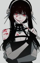 Rule 34 | 1girl, bare shoulders, black gloves, black hair, blood, blood on face, blood on hands, bloody weapon, breasts, cleavage, earrings, ebanoniwa, flower, gloves, grey background, hair flower, hair ornament, hairband, highres, holding, holding weapon, jewelry, light smile, long hair, looking at viewer, pendant, red eyes, self hug, shaded face, sidelocks, simple background, sleeveless, solo, spy x family, upper body, weapon, yor briar